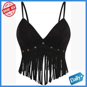 Fringe Sleeveless Spaghetti Strap Faux Suede Crop Top Blouse